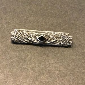 Sterling Silver and Onyx Brooch with Marcasite